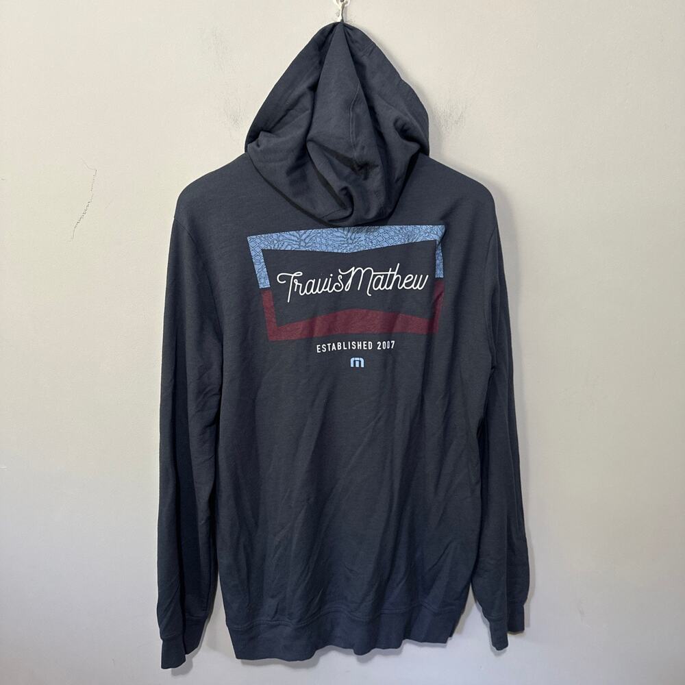 Travis Mathew Hoodie Mens Large Blue Logo Graphic Jersey Knit Long Sleeve *